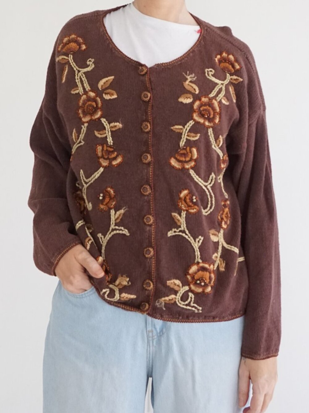 Vintage Fashion Bug Brown Floral Embroidered Button Cardigan Autumn Cottager L